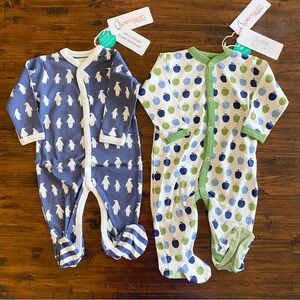 NWT Apple & Penguin Print 2 One-Piece Organic Cotton BY PENGUIN ORGANICS 0-6M